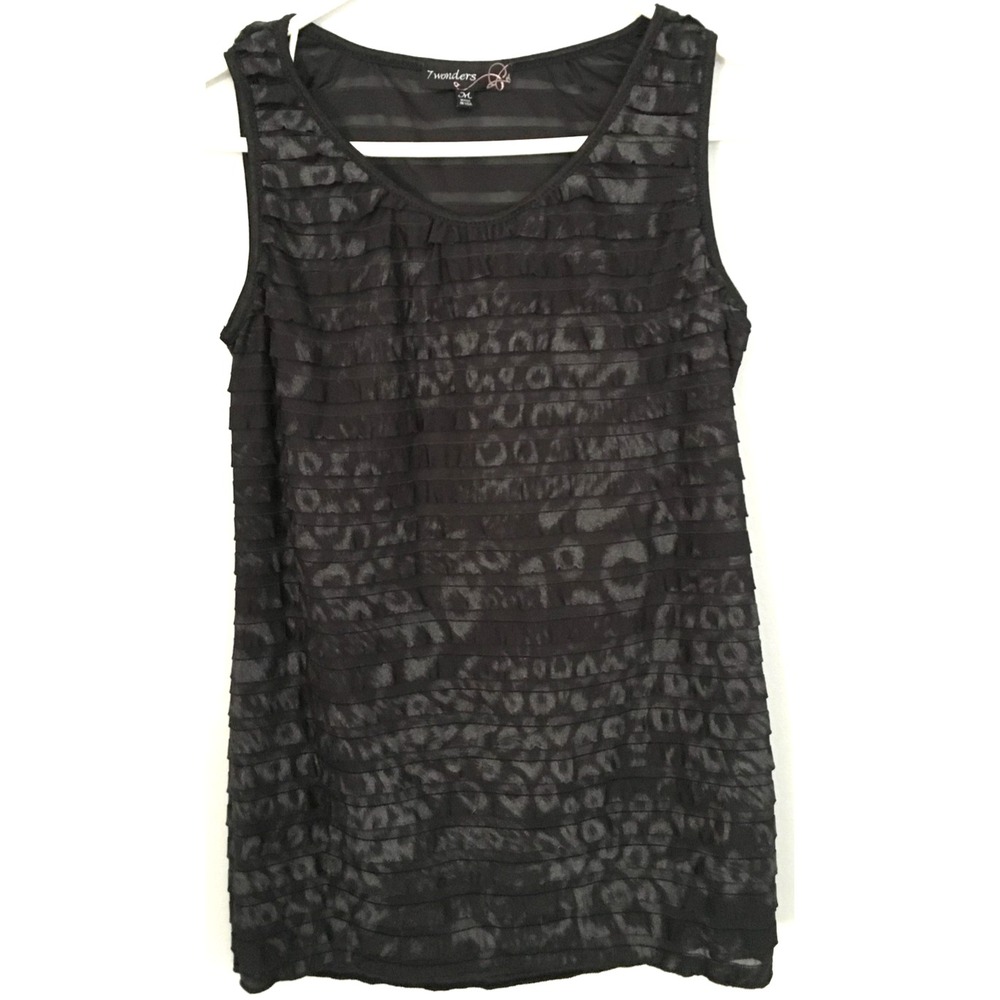7 Wonders Shirt Womens Medium Black‎ Tank Top Leopard Layered Pleats Made USA